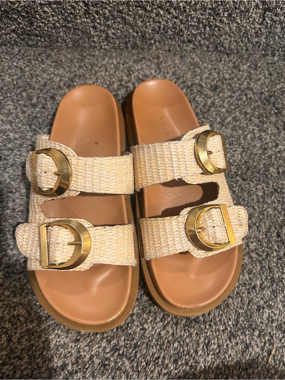 Women’s Bellini Beige Straw Slide Sandals with Gold Buckles